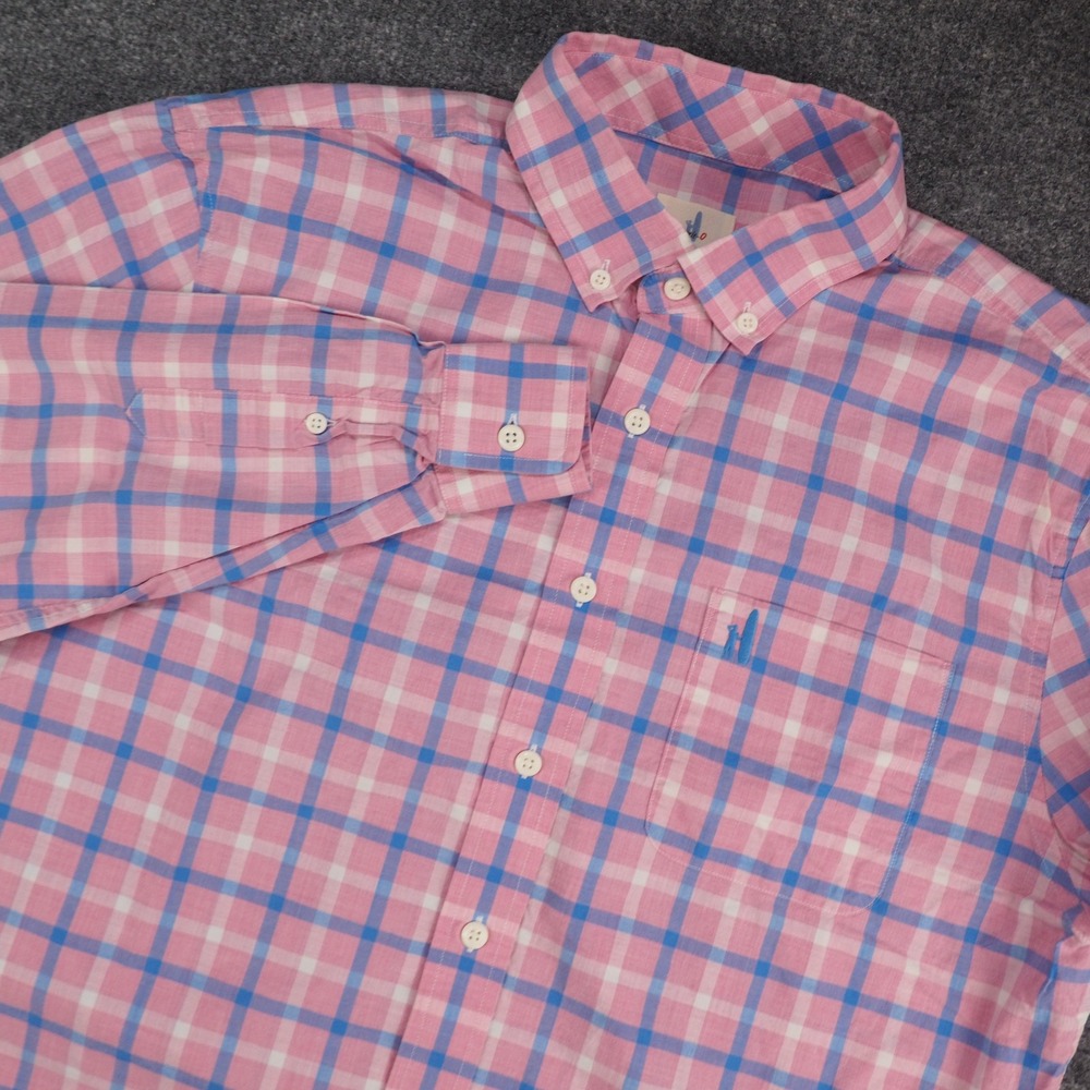 Johnnie-O Hangin Out Mens Med Button Down Pink Blue Plaid Preppy Coastal Shirt